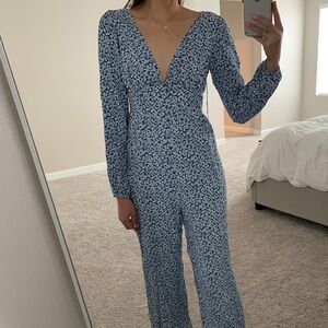 Lulus Blue Floral Print Long Sleeve Jumpsuit NEW